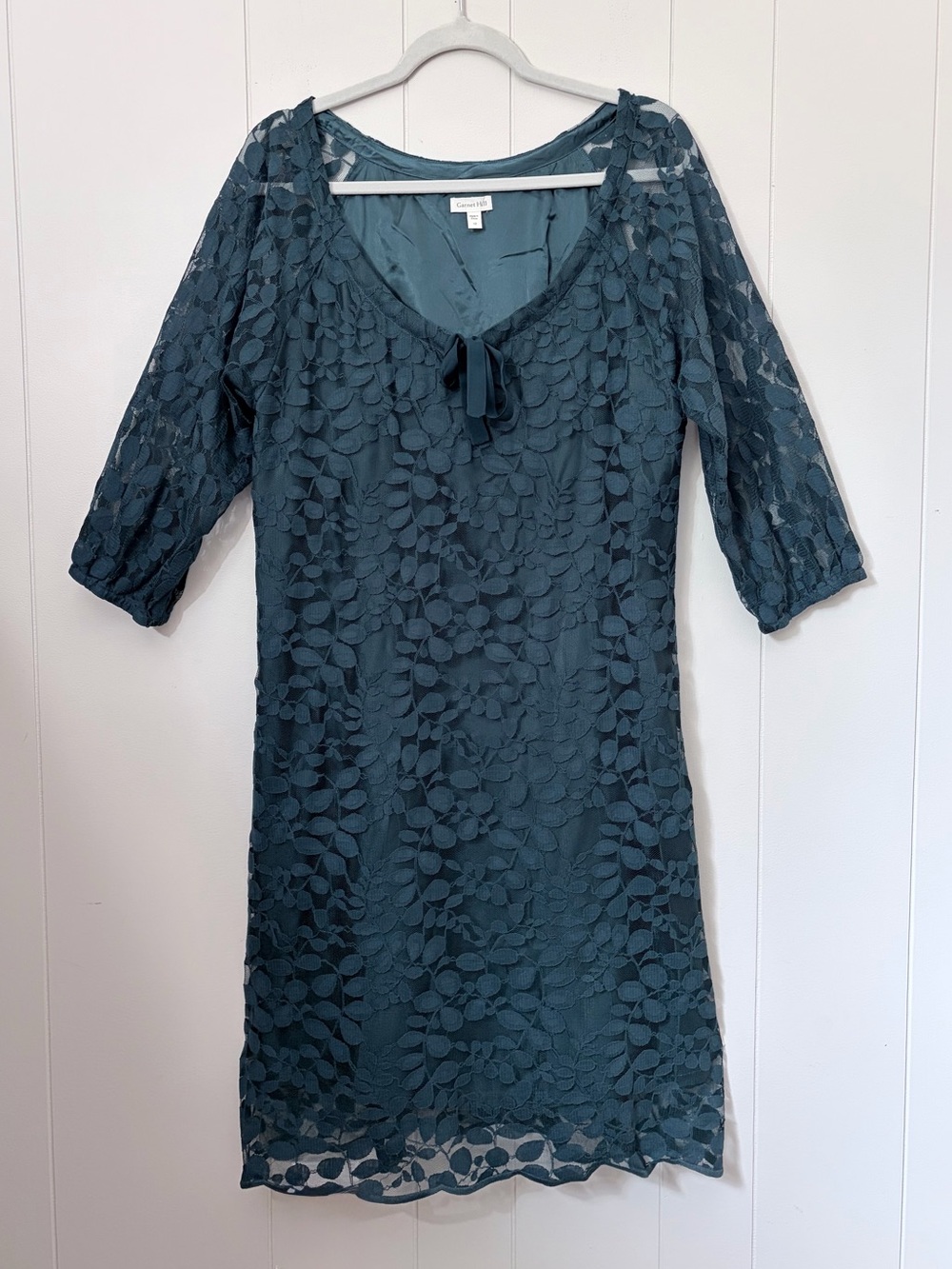 Garnet Hill Teal Lace Midi Dress with Tie Neck